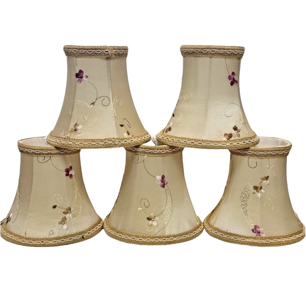 Set Of 5 Chandelier Floral Embroidered Chanting Lamp‎ Shades Cream Bell Shape